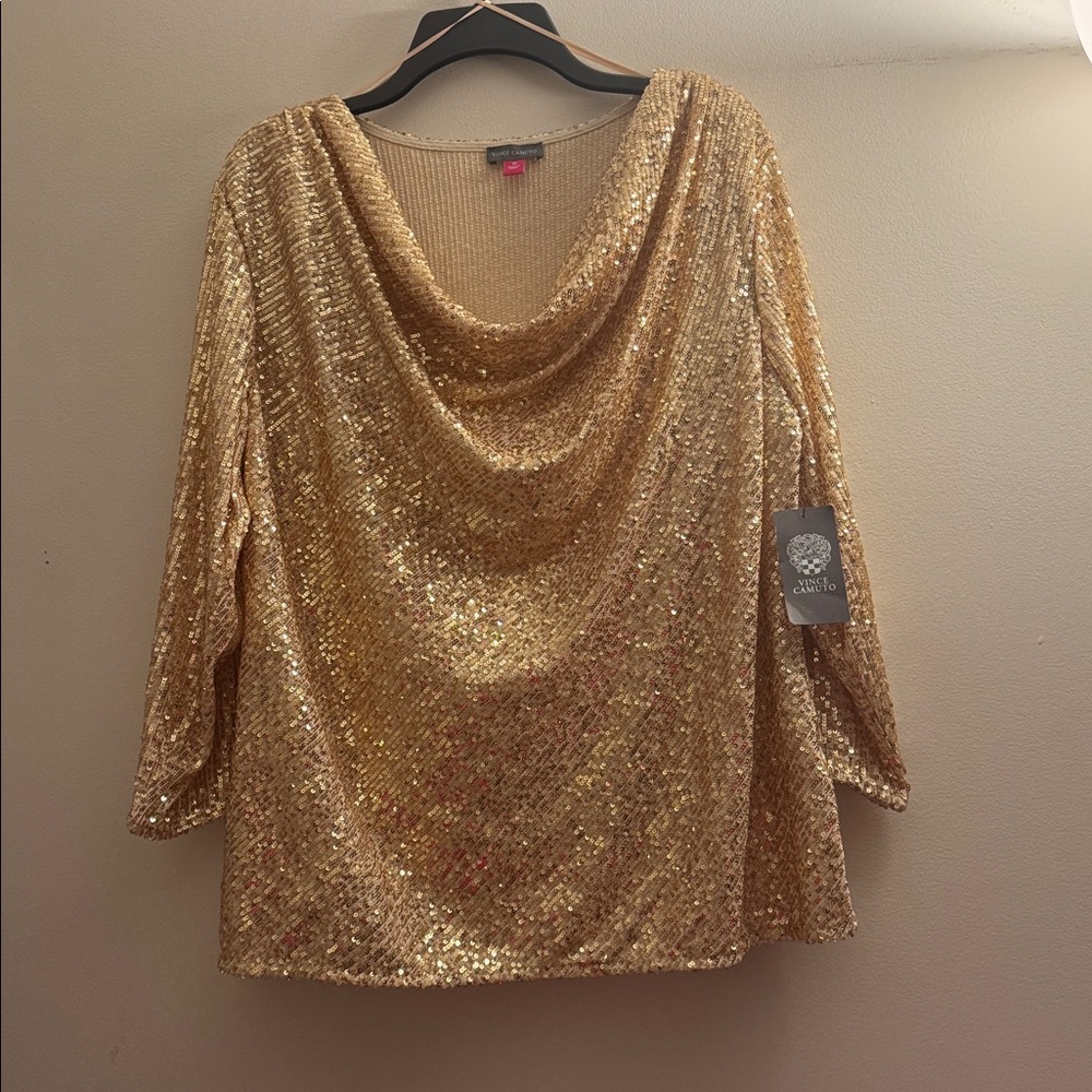 Vince Camuto Gold Sequin Cowl Neck Top Size: 1X